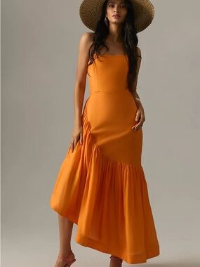 LET ME BE. Strapless Orange Square-Neck Asymmetric Midi Dress